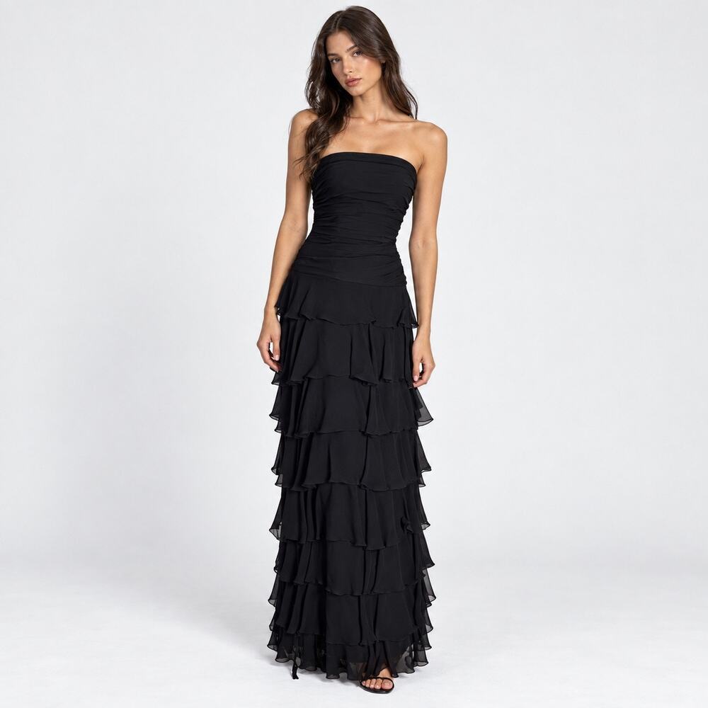 Vintage Lillie Rubin Black Silk Chiffon Ruffle Evening Gown Dress XS